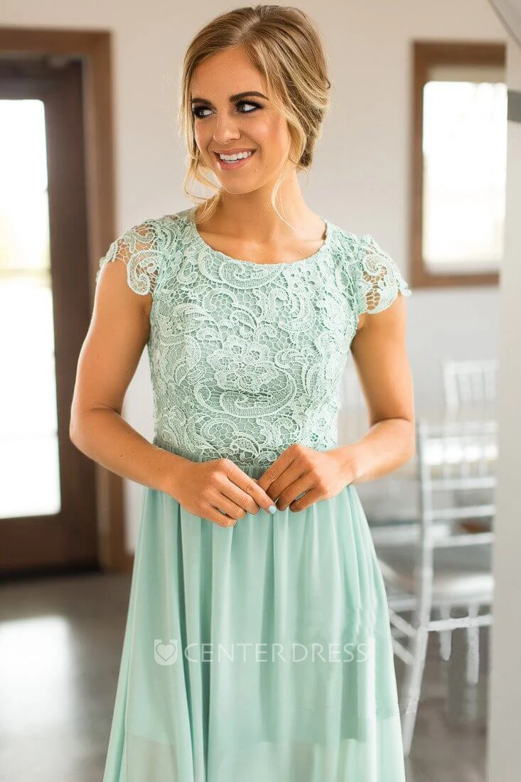 Chiffon Scoop-neck Cap-sleeve Bridesmaid Dress with Keyhole Back
