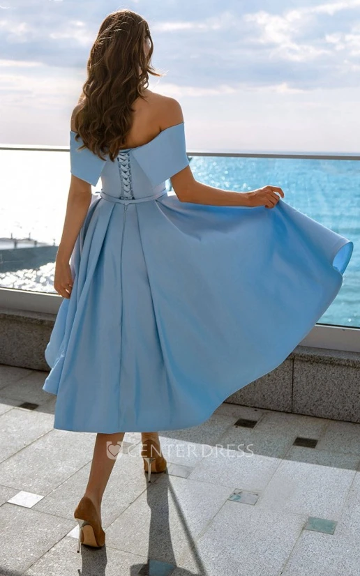 Gorgeous Tea Length A Line Off the shoulder Satin Cocktail Dress UCenter Dress