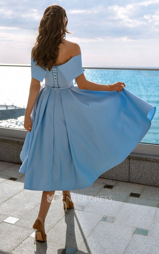 Gorgeous Tea Length A Line Off-the-shoulder Satin Cocktail Dress