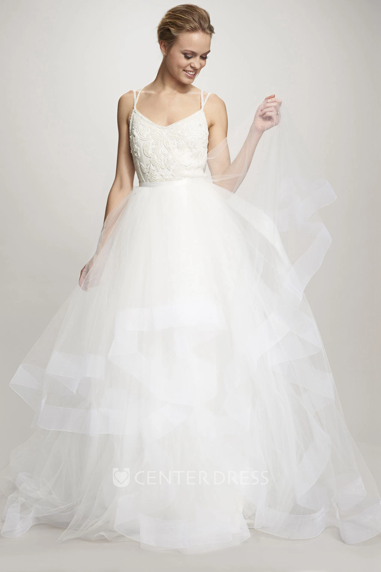 Ball-Gown Spaghetti Cascading-Ruffle Floor-Length Sleeveless Tulle Wedding Dress With Deep-V Back And Appliques