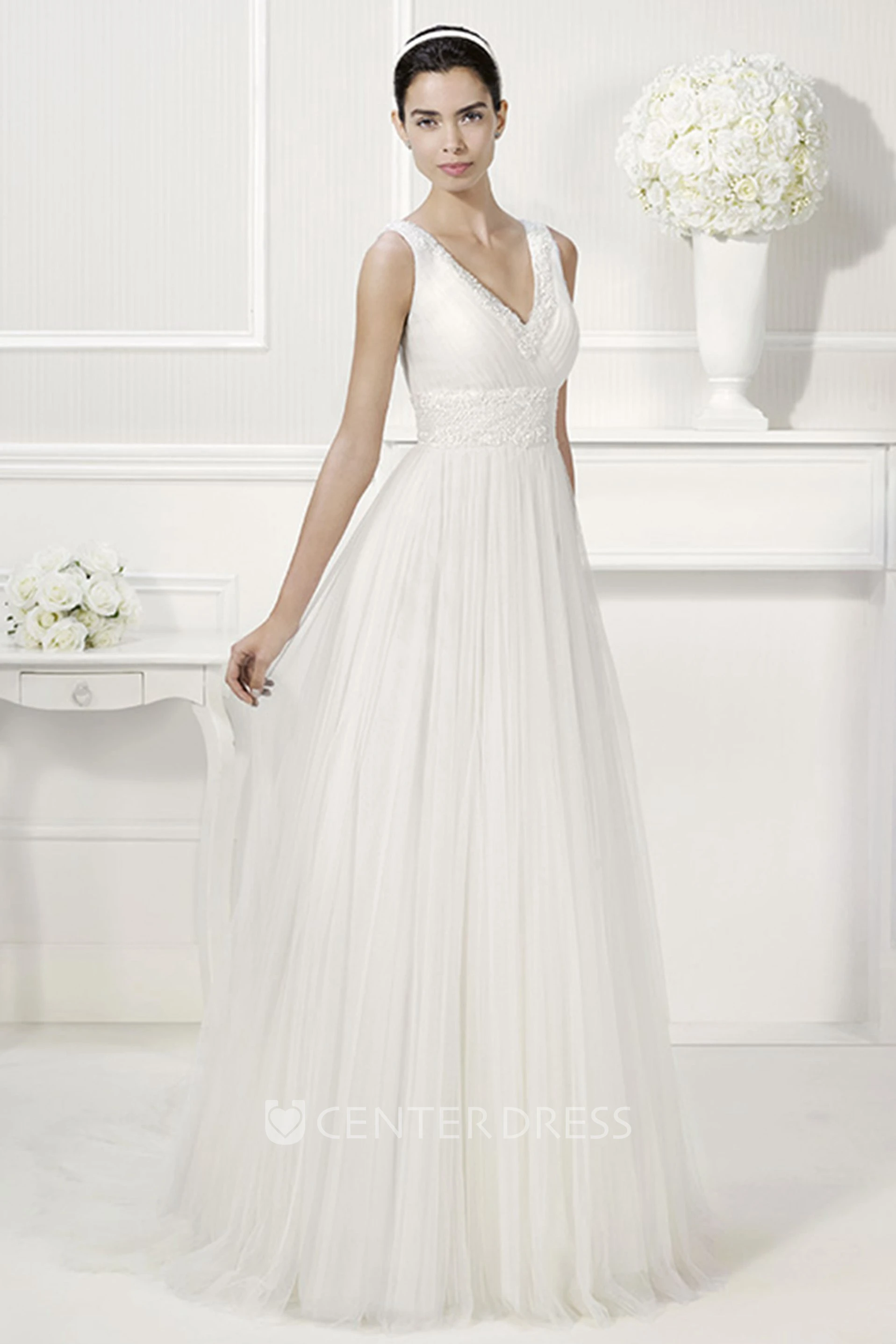V Neck V Back Emprie Pleated A-Line Tulle Bridal Gown With Jewels