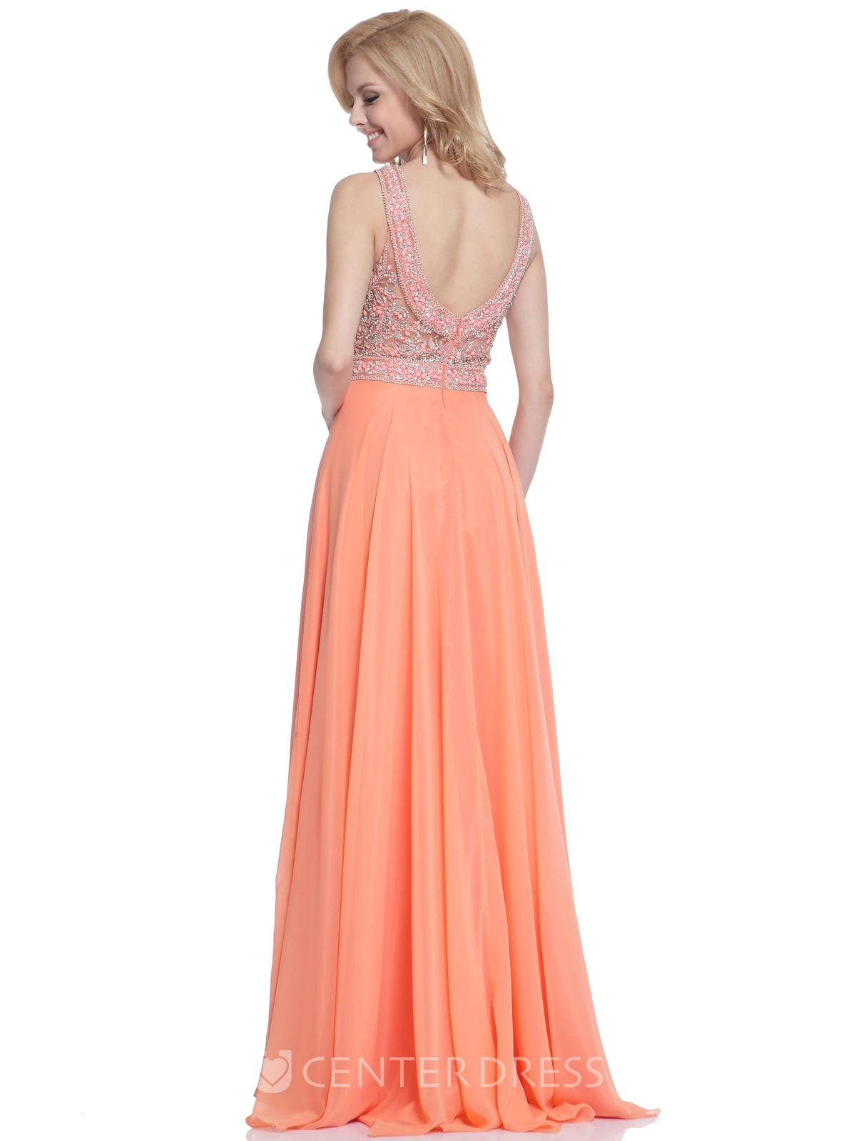 A-Line Jewel-Neck Sleeveless Chiffon Low-V Back Dress With Beading And Pleats