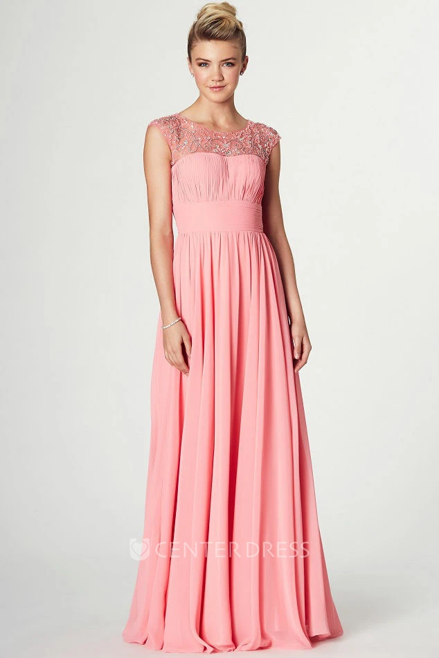 Maxi Ruched Sleeveless Scoop Neck Chiffon Prom Dress
