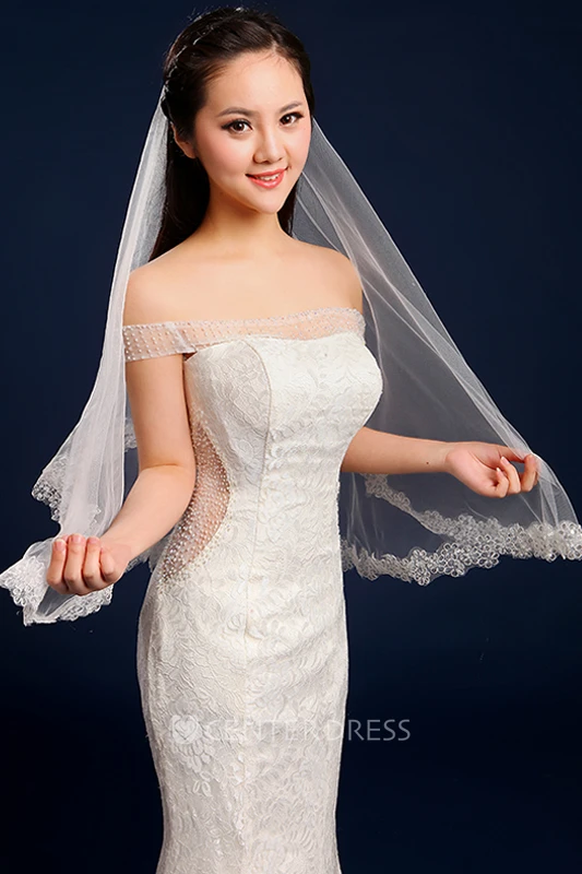Long Tulle Wedding Veil with Lace Edge
