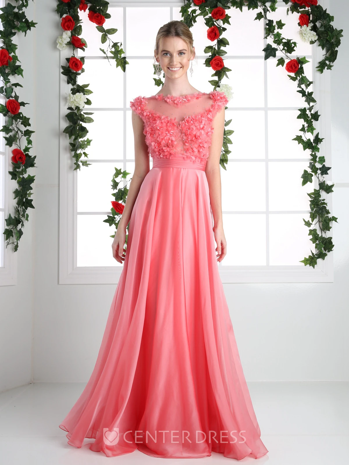 A-Line Maxi Bateau Cap-Sleeve Chiffon Illusion Dress With Flower And Pleats