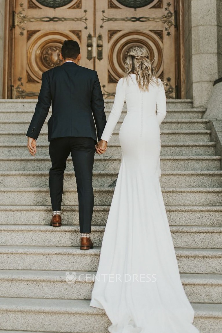 Long Sleeve Modest Elegant Satin Bridal Gown With Cathedral Train