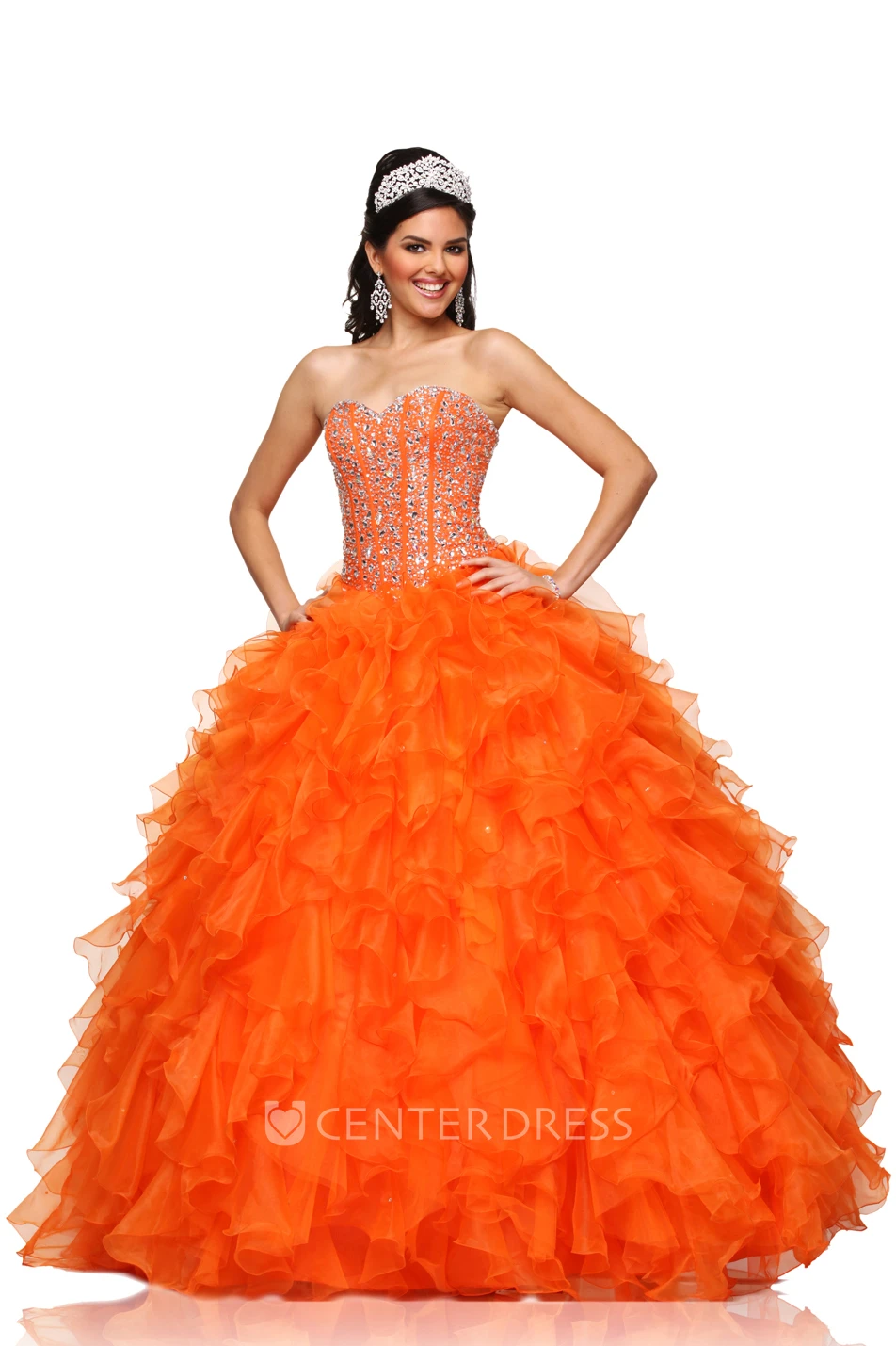 A-Line Sweetheart Sleeveless Chiffon Ball Gown With Cascading Ruffles And Crystal Bodice