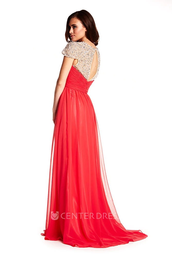 A-Line Cap-Sleeve Sweetheart Maxi Criss-Cross Chiffon Prom Dress With Keyhole Back And Beading