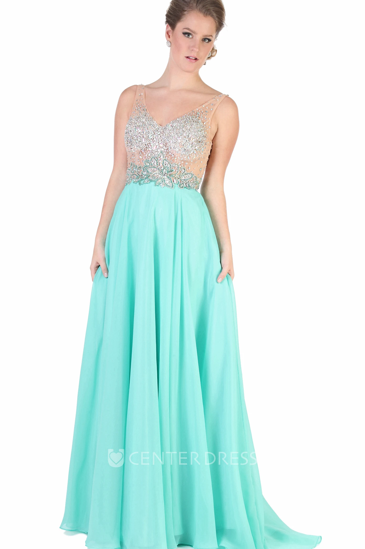 A-Line Long Beaded V-Neck Sleeveless Chiffon Evening Dress With Pleats