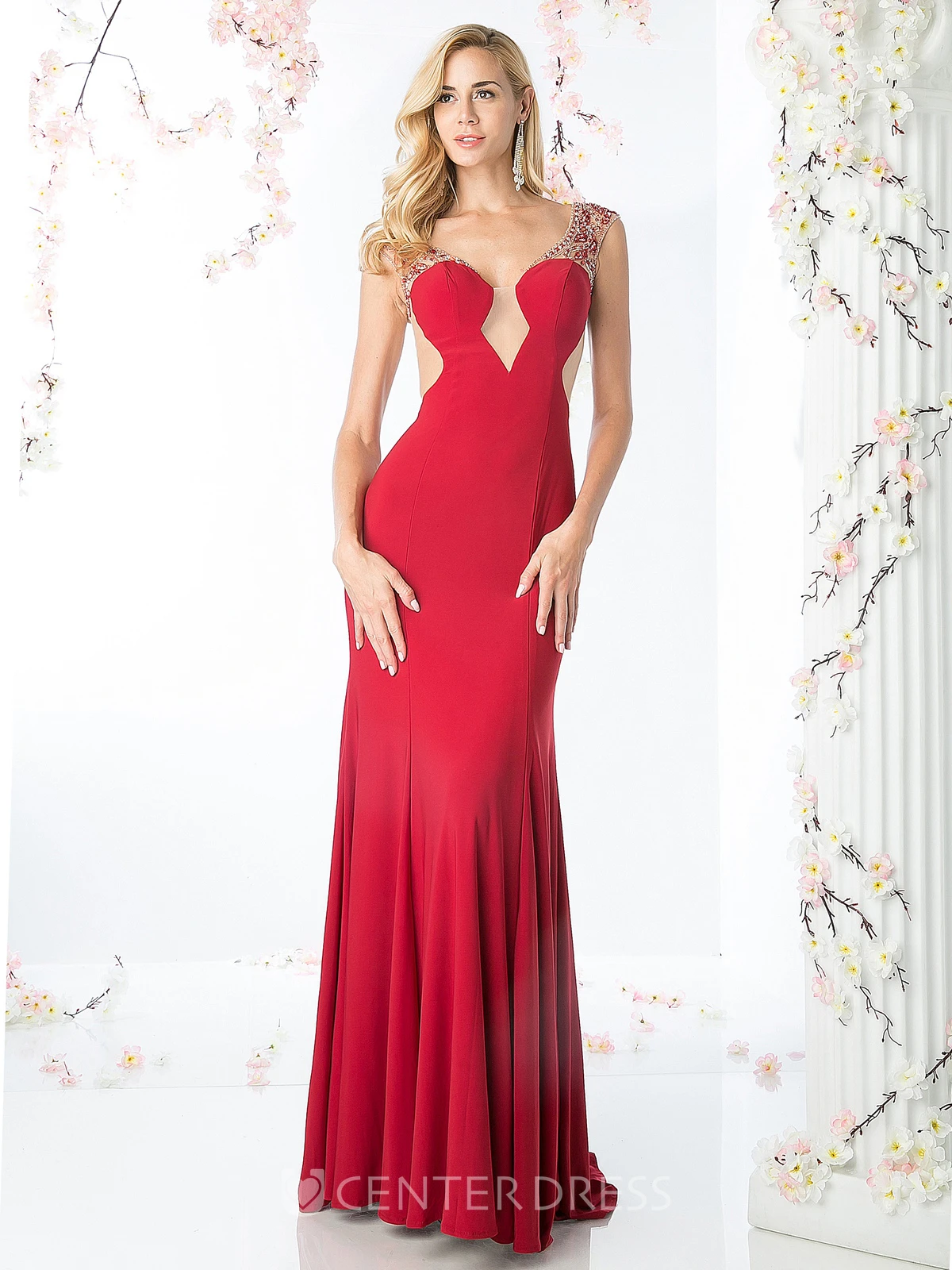 Sheath Maxi V-Neck Cap-Sleeve Jersey Illusion Dress With Beading And Pleats