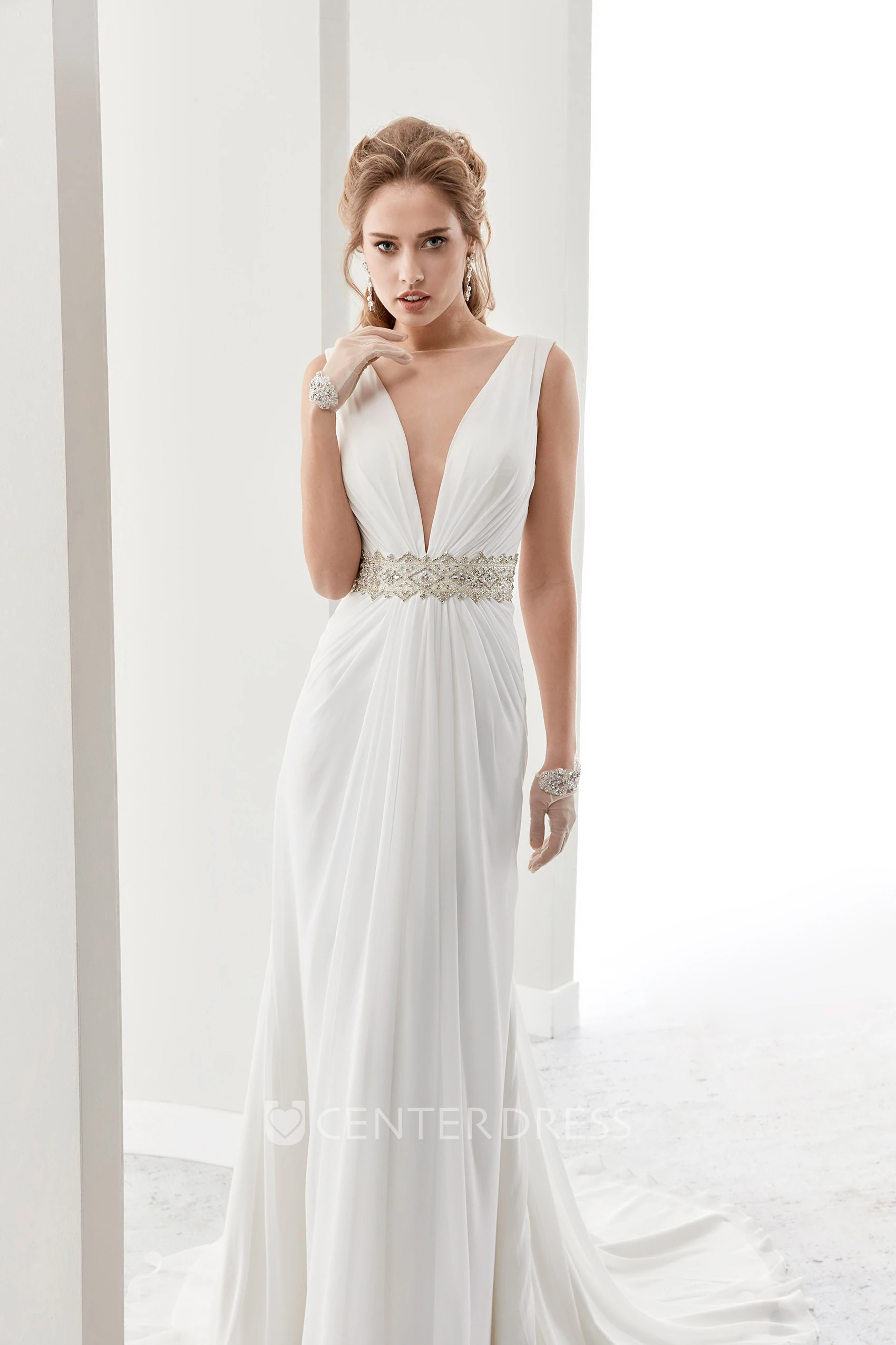 Deep-V Chiffon Draping Bridal Gown With Pleated Details And Open Back