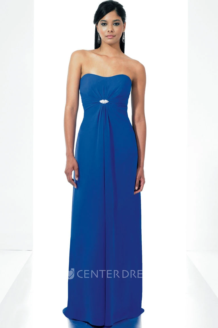 Strapless Ruched Chiffon Bridesmaid Dress With Broach And Draping