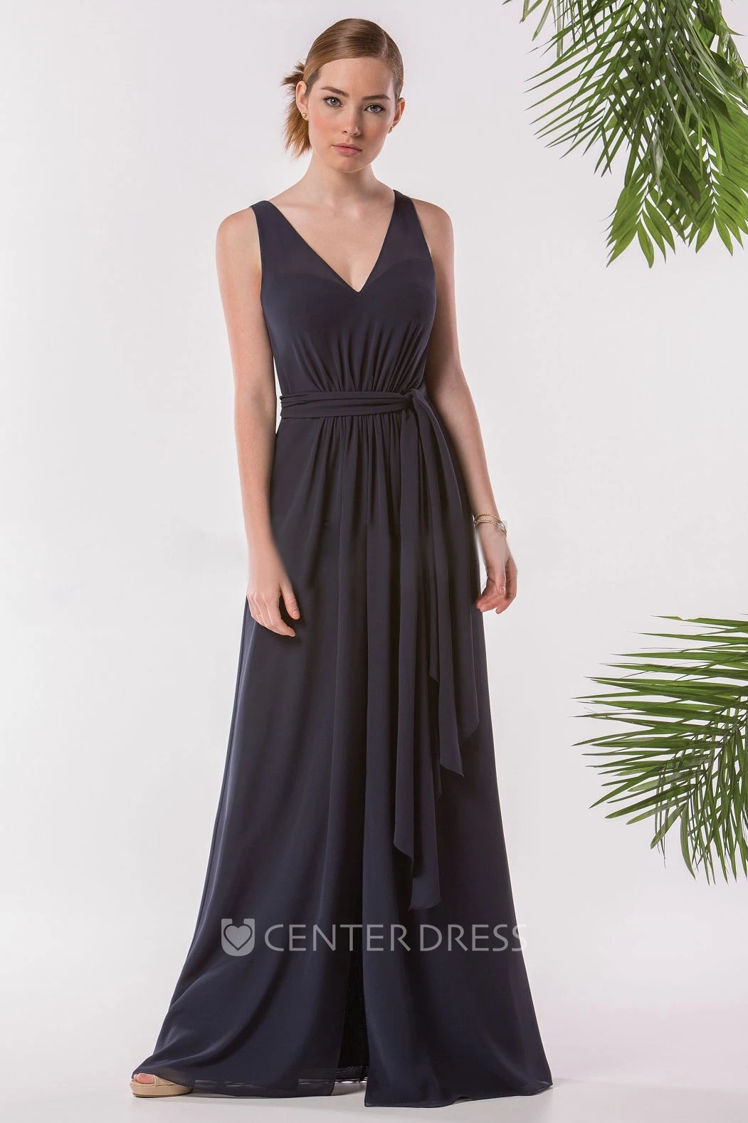 V-Neck Sleeveless A-Line Gown With Pleats And V-Back