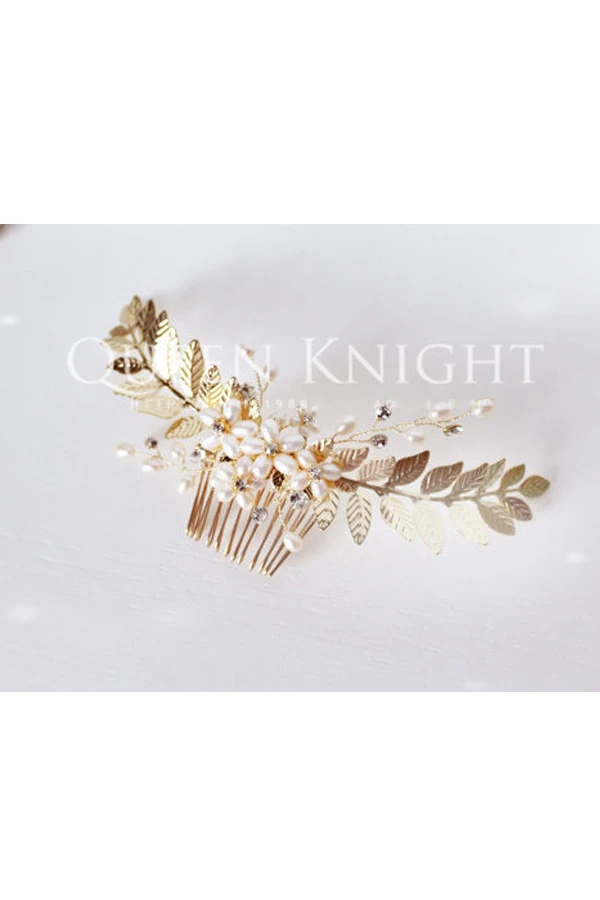 Western Style Wind Pearl Rhinestone Gold Leaf Hair Comb