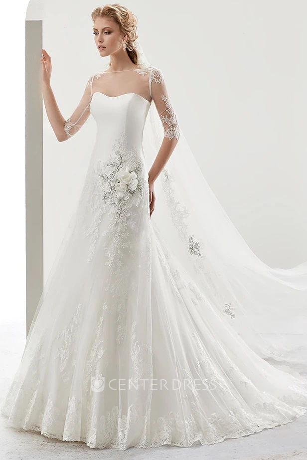 Illusion Half-sleeve Bridal Gown with Beaded Flower Embellishment and Jewel Neck
