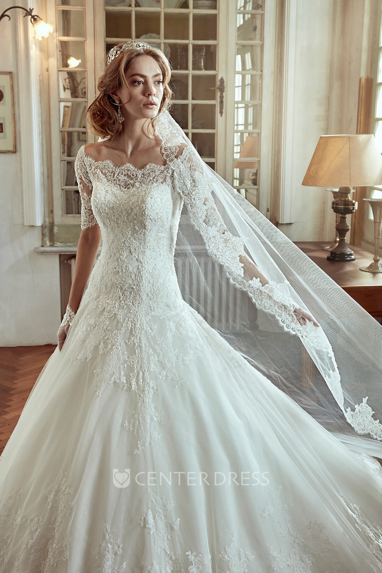 Off-shoulder A-line Wedding Dress with Half Sleeves and Court Train 
