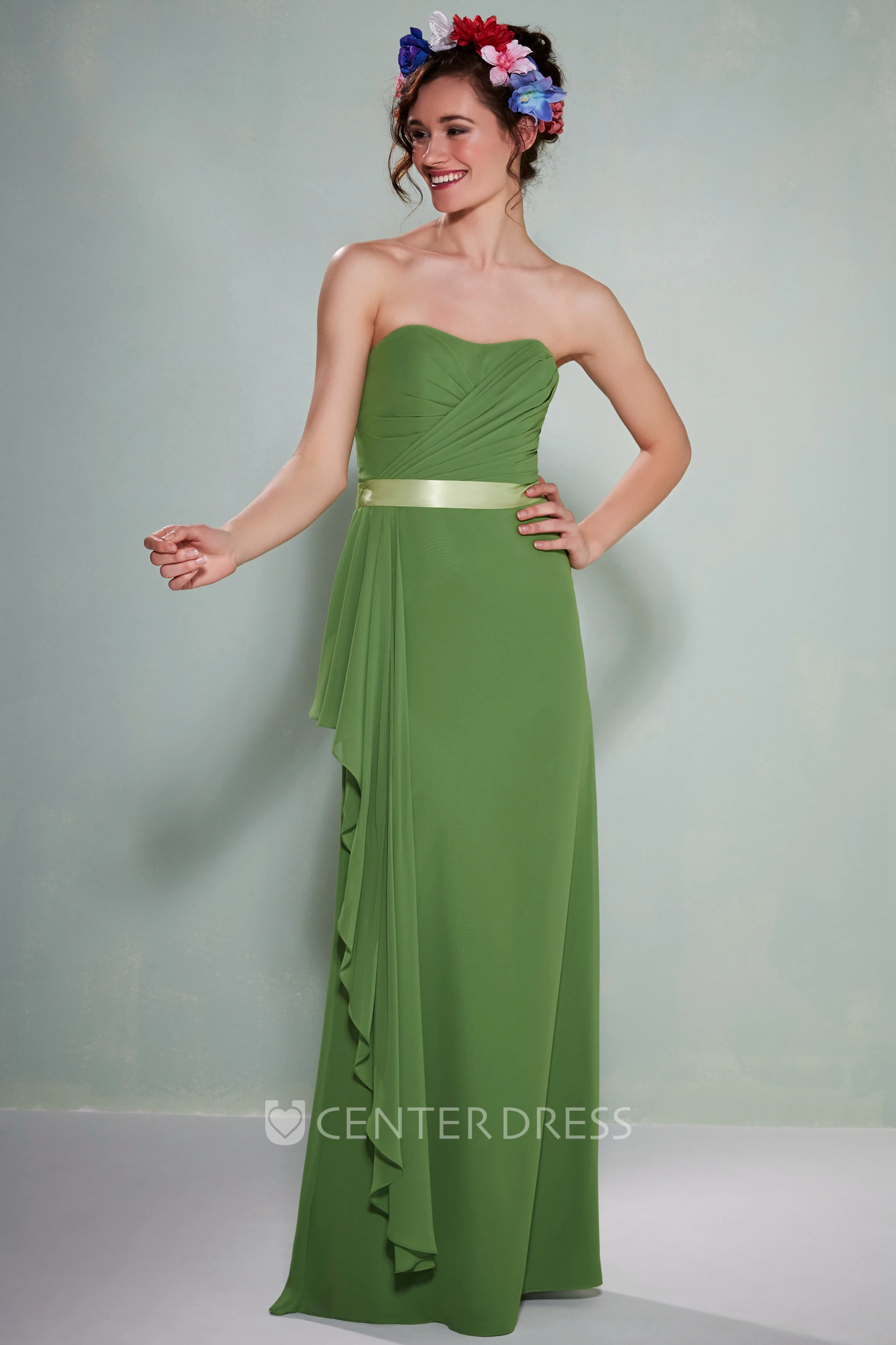 Criss-Cross Strapless Chiffon Bridesmaid Dress With Draping And Sash