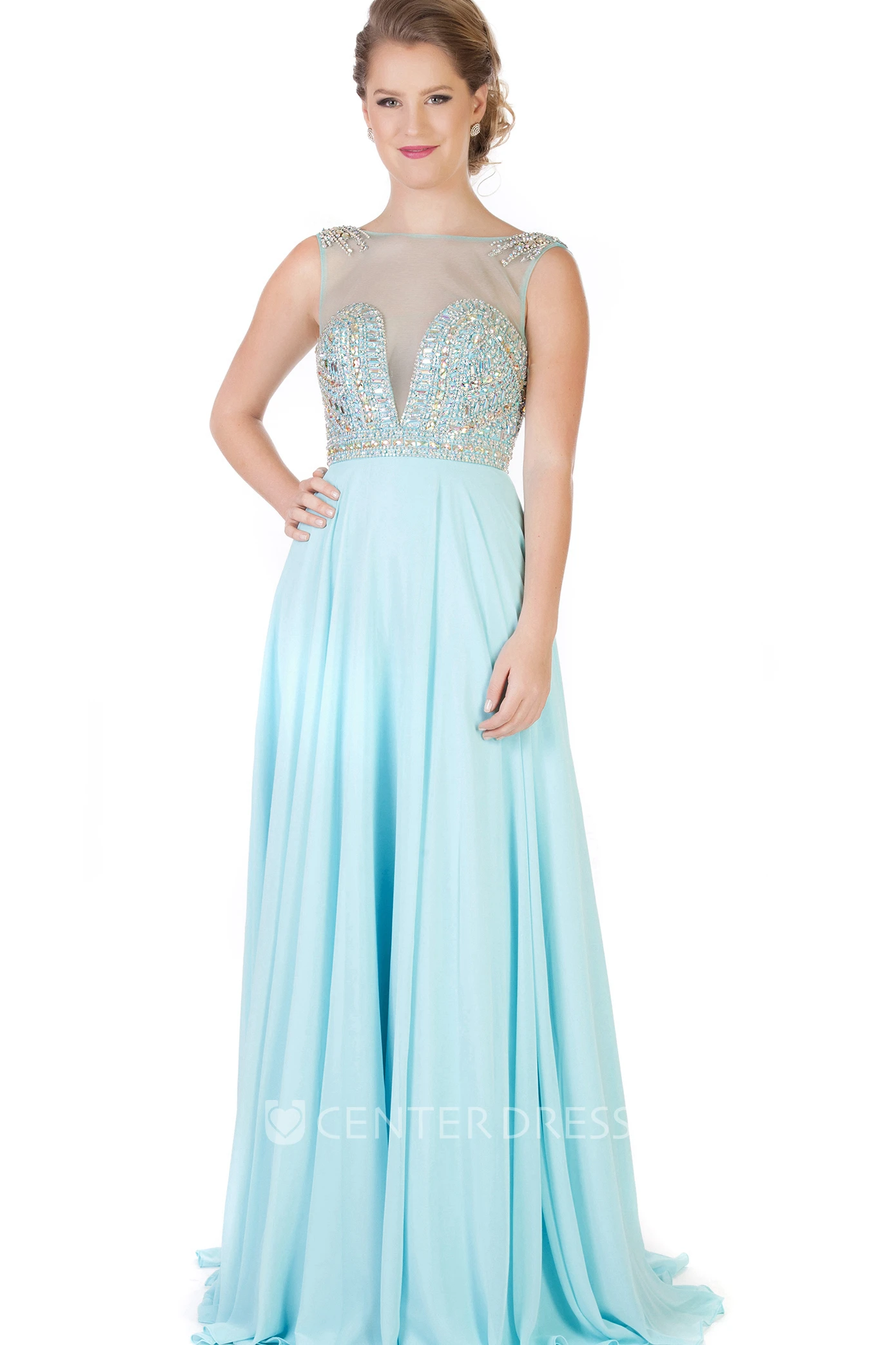 A-Line Floor-Length Jewel-Neck Beaded Sleeveless Chiffon Evening Dress With Pleats