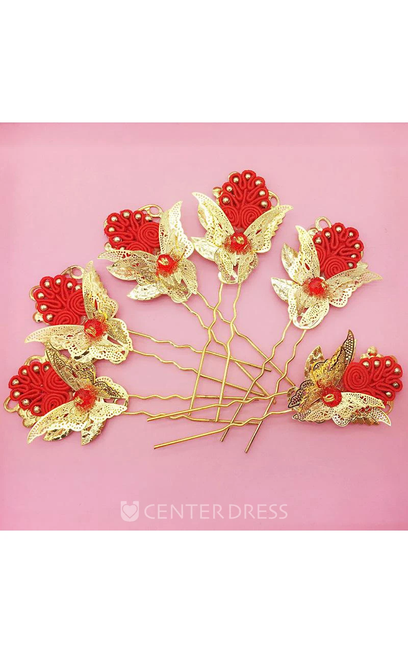 Bride Red Headdress Hair Ornaments Chinese Cheongsam Wedding Accessories Plate Hairpin U-Shaped Clip