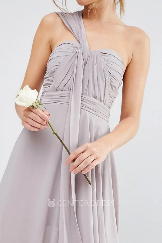 Ankle-Length Draped Sleeveless One-Shoulder Chiffon Bridesmaid Dress