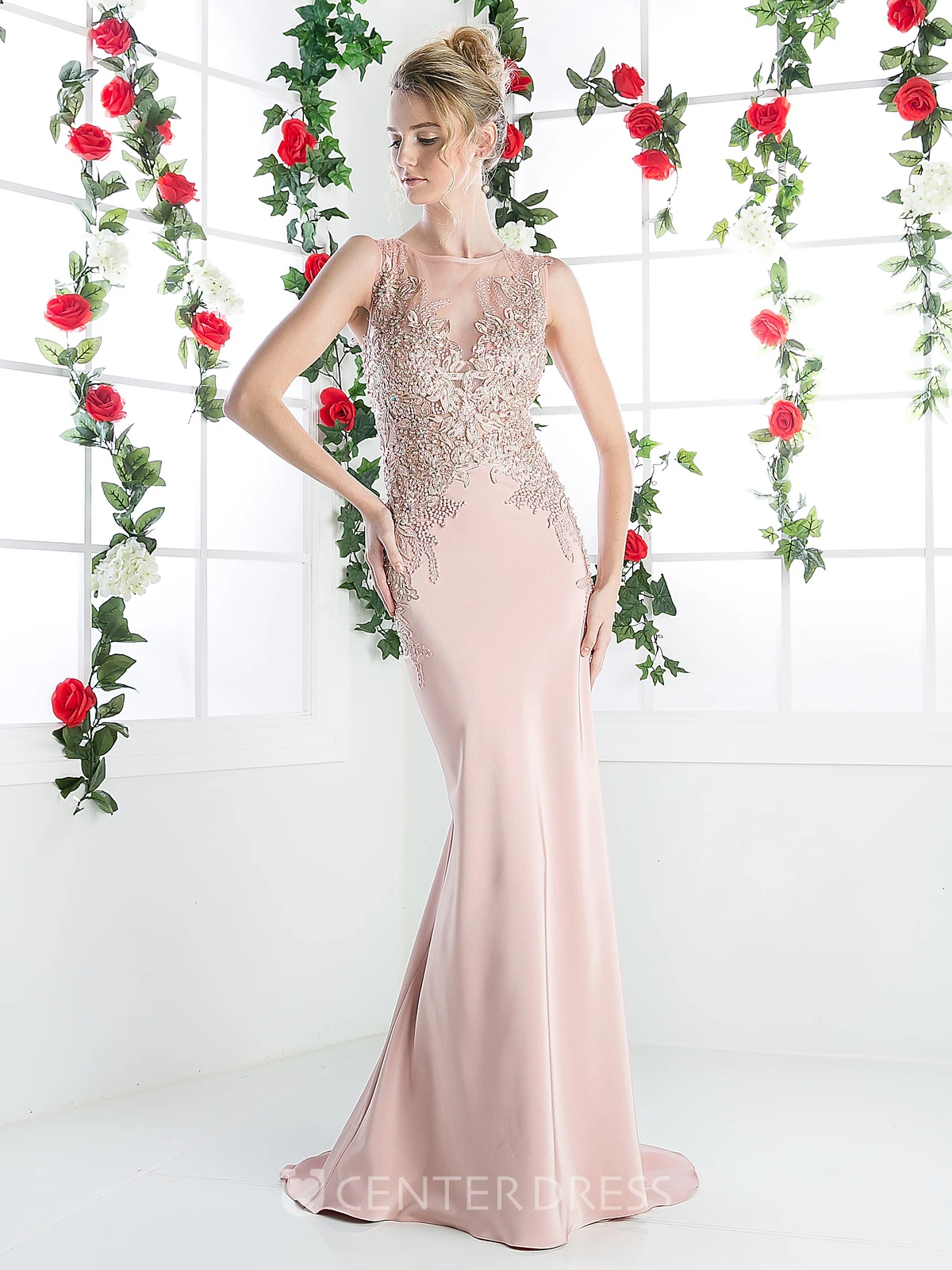 Sheath Long Jewel-Neck Sleeveless Jersey Illusion Dress With Appliques