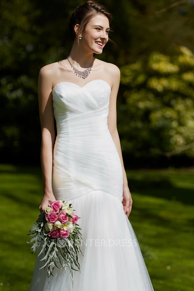 Sweetheart Floor-Length Ruched Tulle Wedding Dress With Brush Train And Lace Up