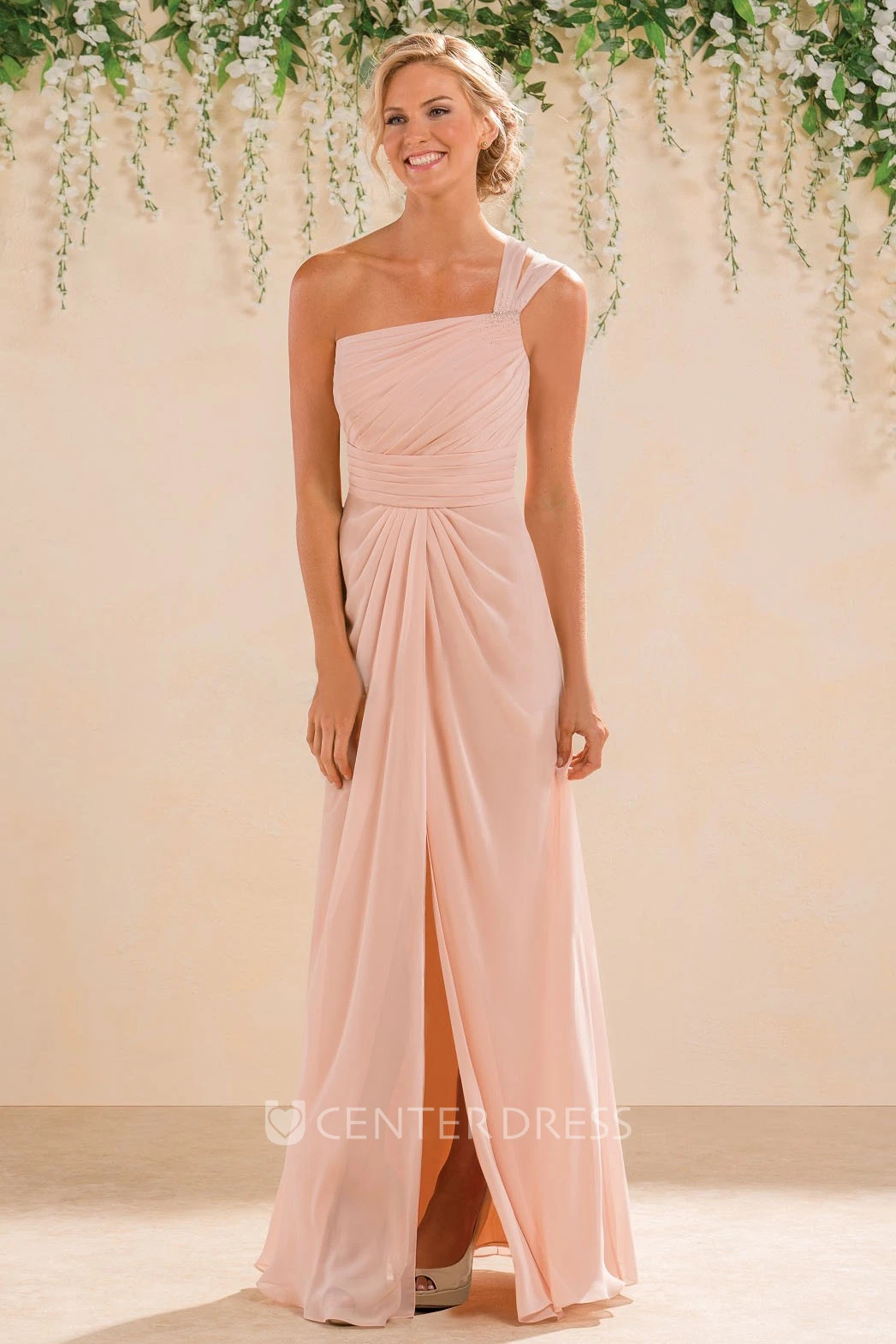 One-Shoulder A-Line Long Bridesmaid Dress With Front Slit And Pleats