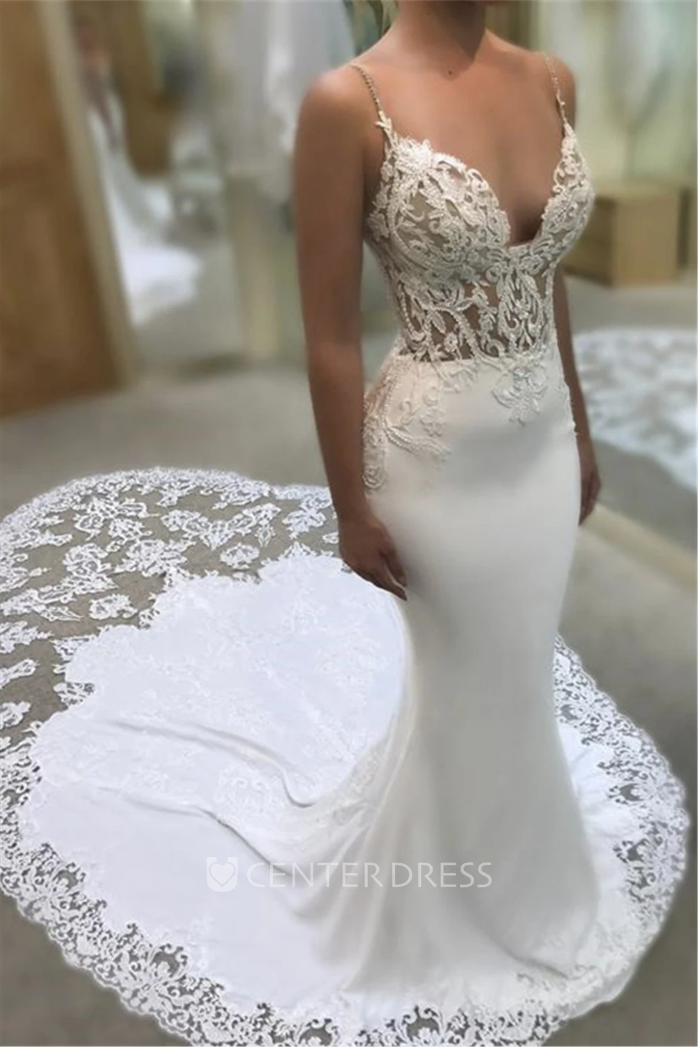 Plunging Spaghetti Lace Mermaid Wedding Dress With Cathedral Train