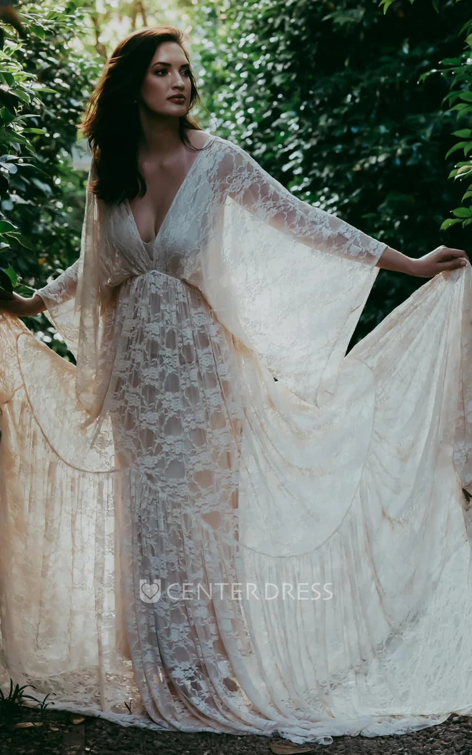 Beach Lace Wedding Dress A-Line Plunging Neckline Bat Sleeves Summer Bohemian