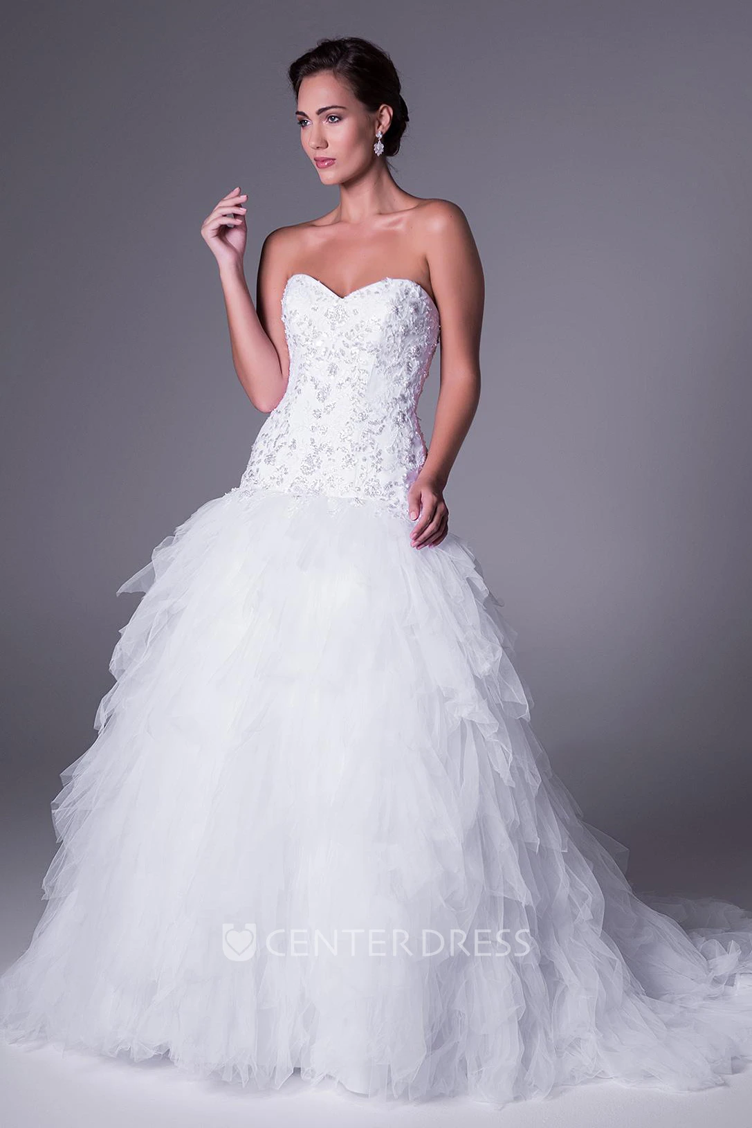 Ball Gown Cascading-Ruffle Sweetheart Floor-Length Tulle Wedding Dress With Beading