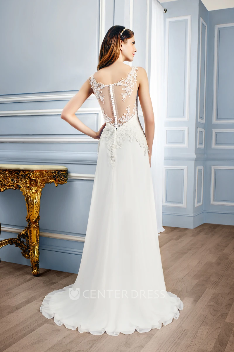 Sheath Sleeveless V-Neck Appliqued Floor-Length Lace Wedding Dress With Sweep Train And Illusion Back