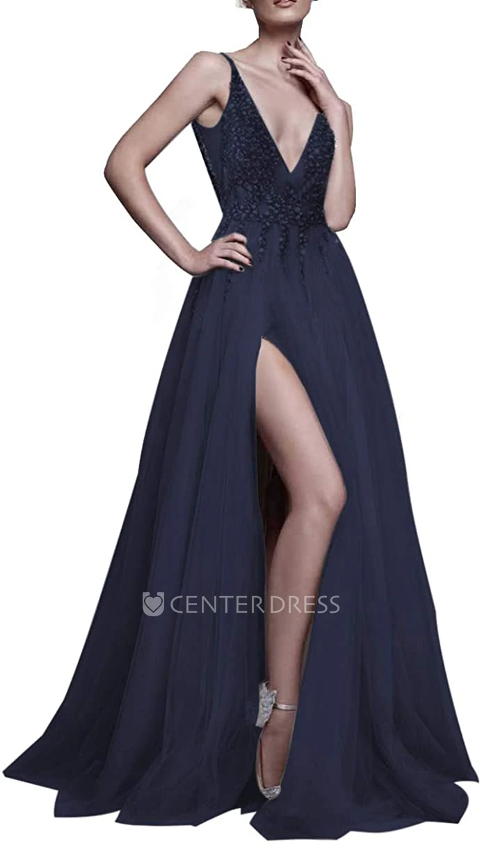 Tulle Floor-length Court Train V-neck A Line Sleeveless Prom Dress With Beading