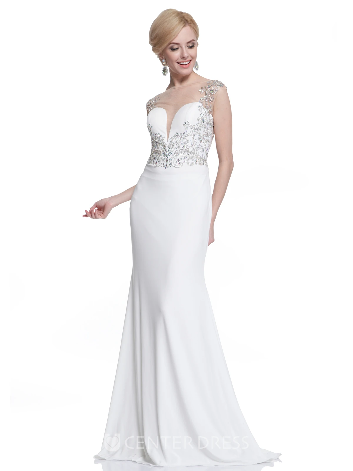 Sheath Long Jewel-Neck Cap-Sleeve Jersey Illusion Dress With Beading