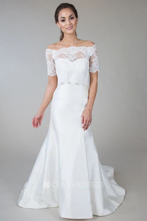 Short-Sleeve Off-The-Shoulder Satin&Lace Wedding Dress With Illusion