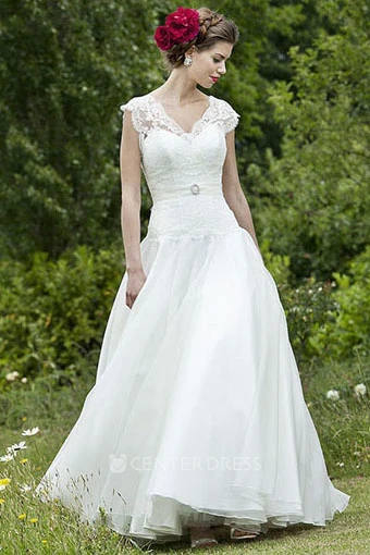 Floor-Length V-Neck Appliqued Cap-Sleeve Chiffon Wedding Dress