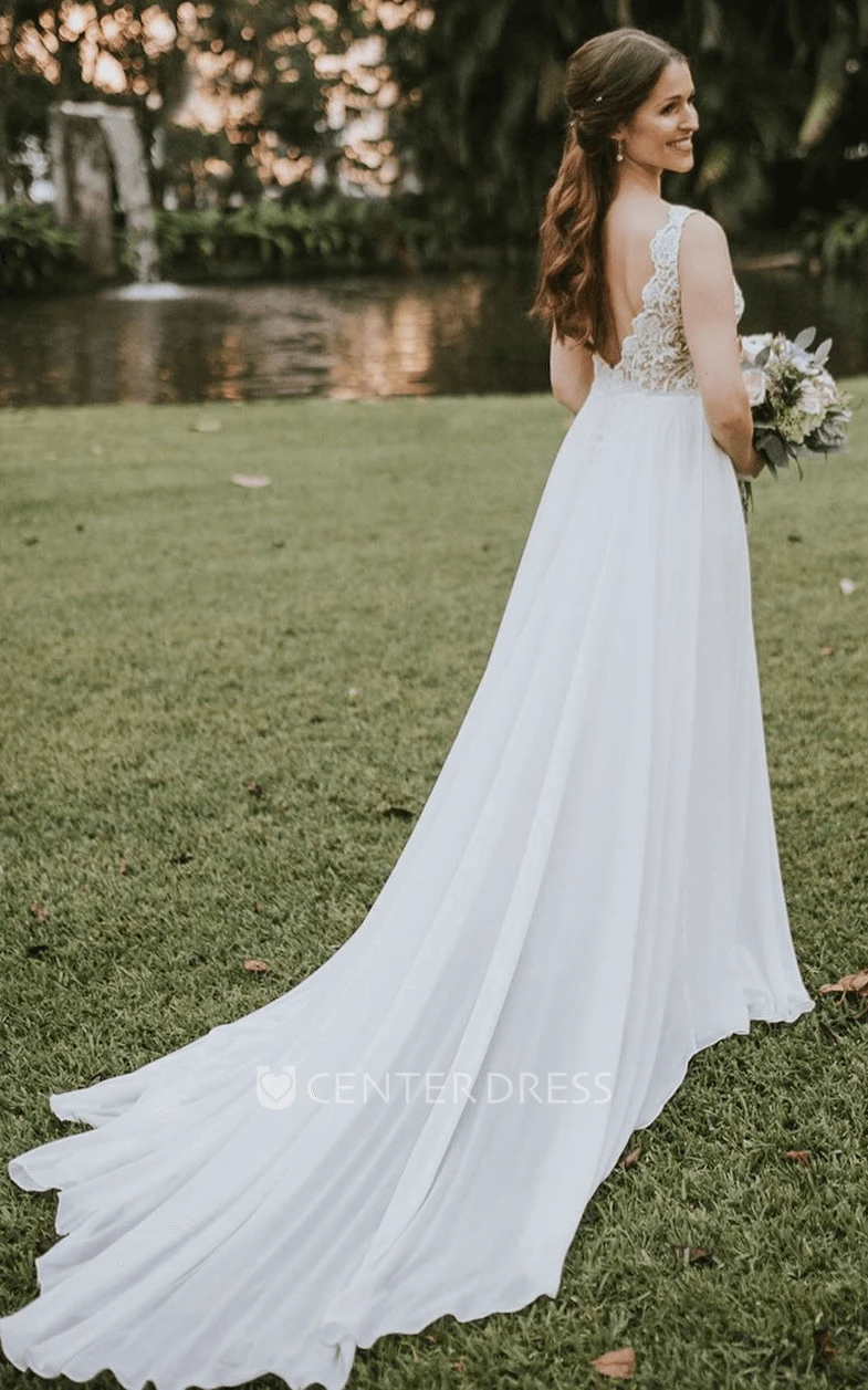 Modern Chiffon and Lace V-neck Floor-length Court Train Sleeveless A Line Wedding Dress