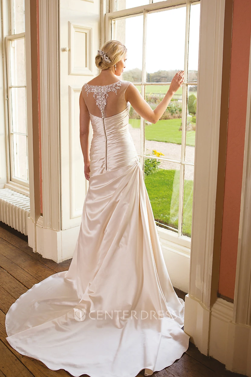 A-Line Maxi Sleeveless Scoop Criss-Cross Satin Warm Wedding Dress With Draping And Appliques