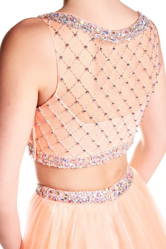 A-Line Scoop Neck Sleeveless Beaded Tulle Prom Dress With Illusion Back