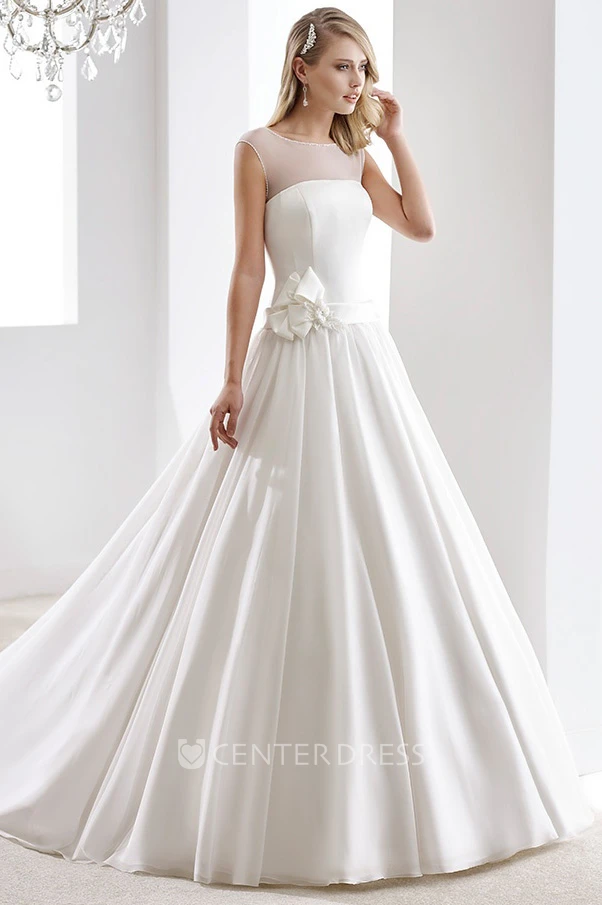 Cap sleeve Illusion A-line Dress with Flowers on One side of Waist