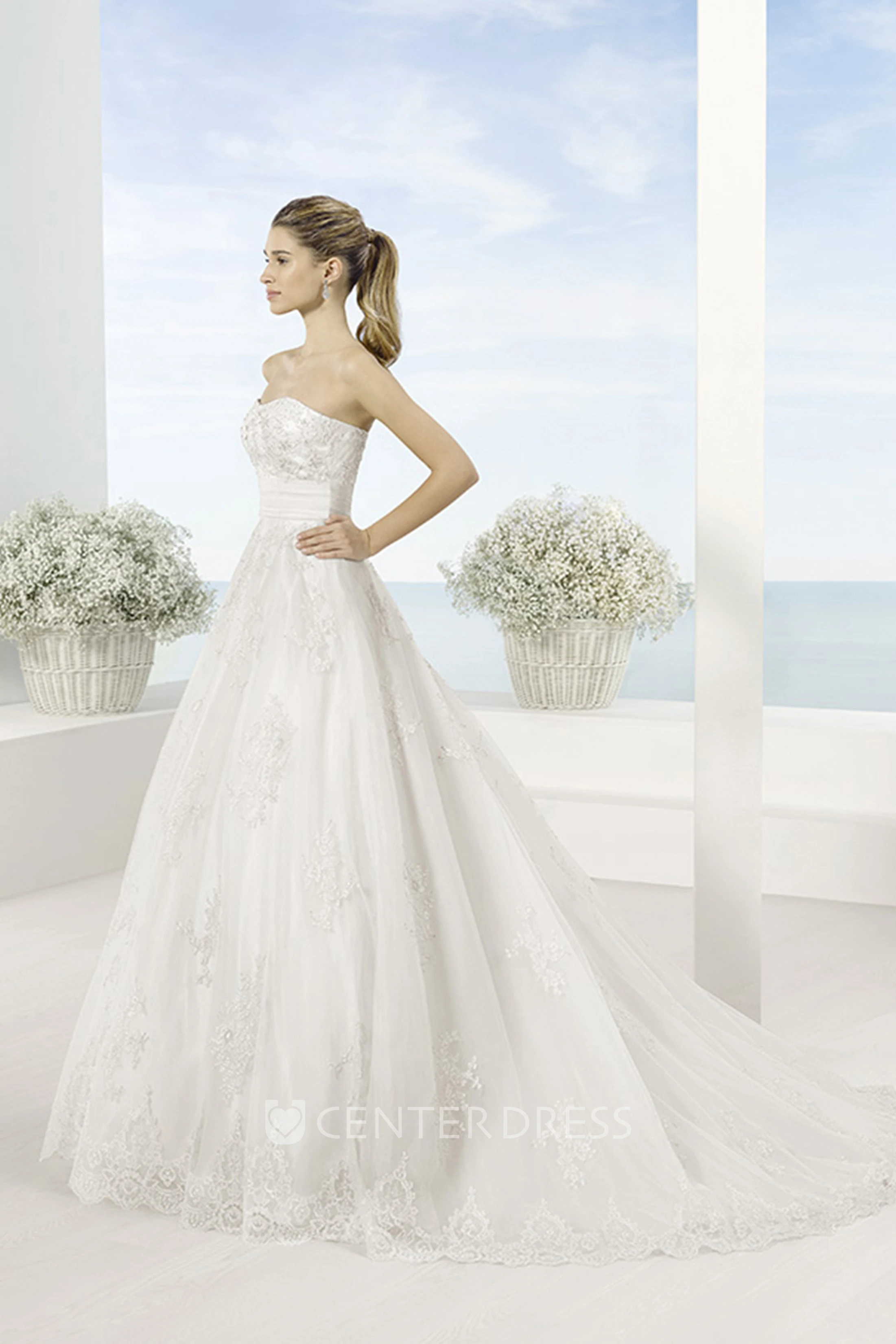 A-Line Maxi Scoop Appliqued Cap-Sleeve Lace Wedding Dress With Chapel Train