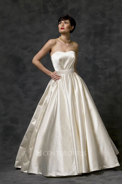 A-Line Sleeveless Floor-Length Jeweled Strapless Satin Wedding Dress With Backless Style