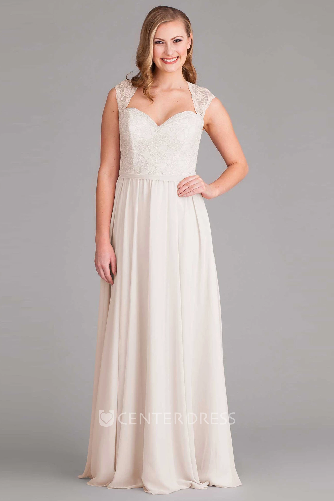 V-Neck Lace Cap Sleeve Chiffon Bridesmaid Dress With Bow And Keyhole