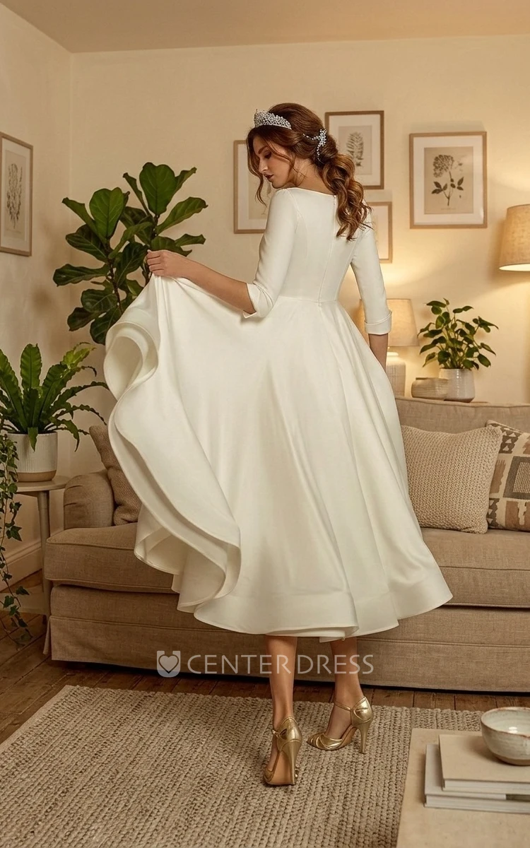 Long Sleeve A-Line V-neck Simple Casual Modest Tea-length Summer Wedding Dress Gowns