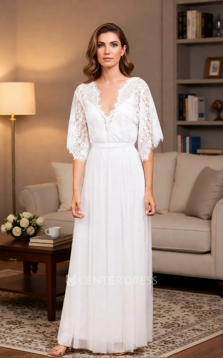 Flutter Sleeve Boho Lace Wedding Dress A-Line V-Neck Destination Bridal Gown