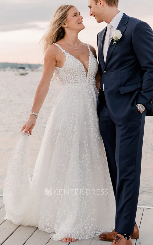 Simple A-Line Spaghetti Lace Wedding Dress With Low-V Back And Flower
