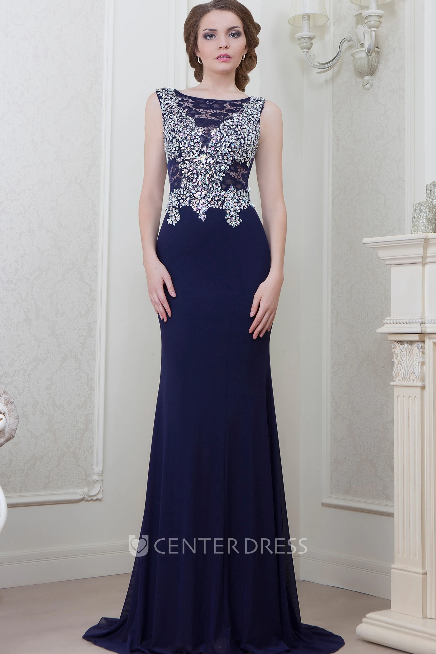 Sheath Sleeveless Scoop-Neck Crystal Floor-Length Jersey Evening Dress With Lace