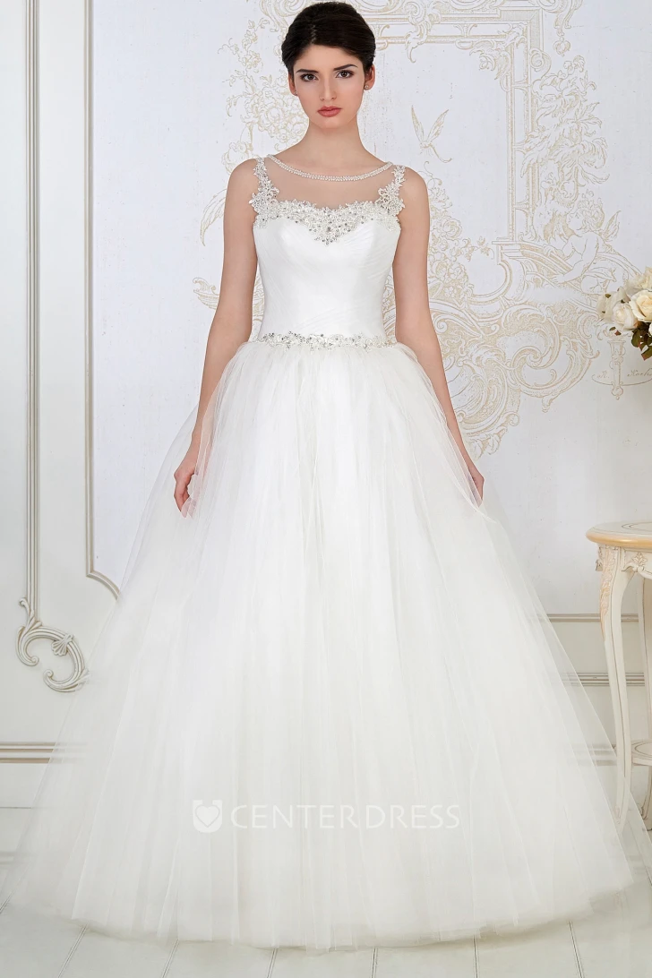 Ball Gown Floor-Length Beaded Sleeveless Scoop-Neck Tulle Wedding Dress With Criss Cross