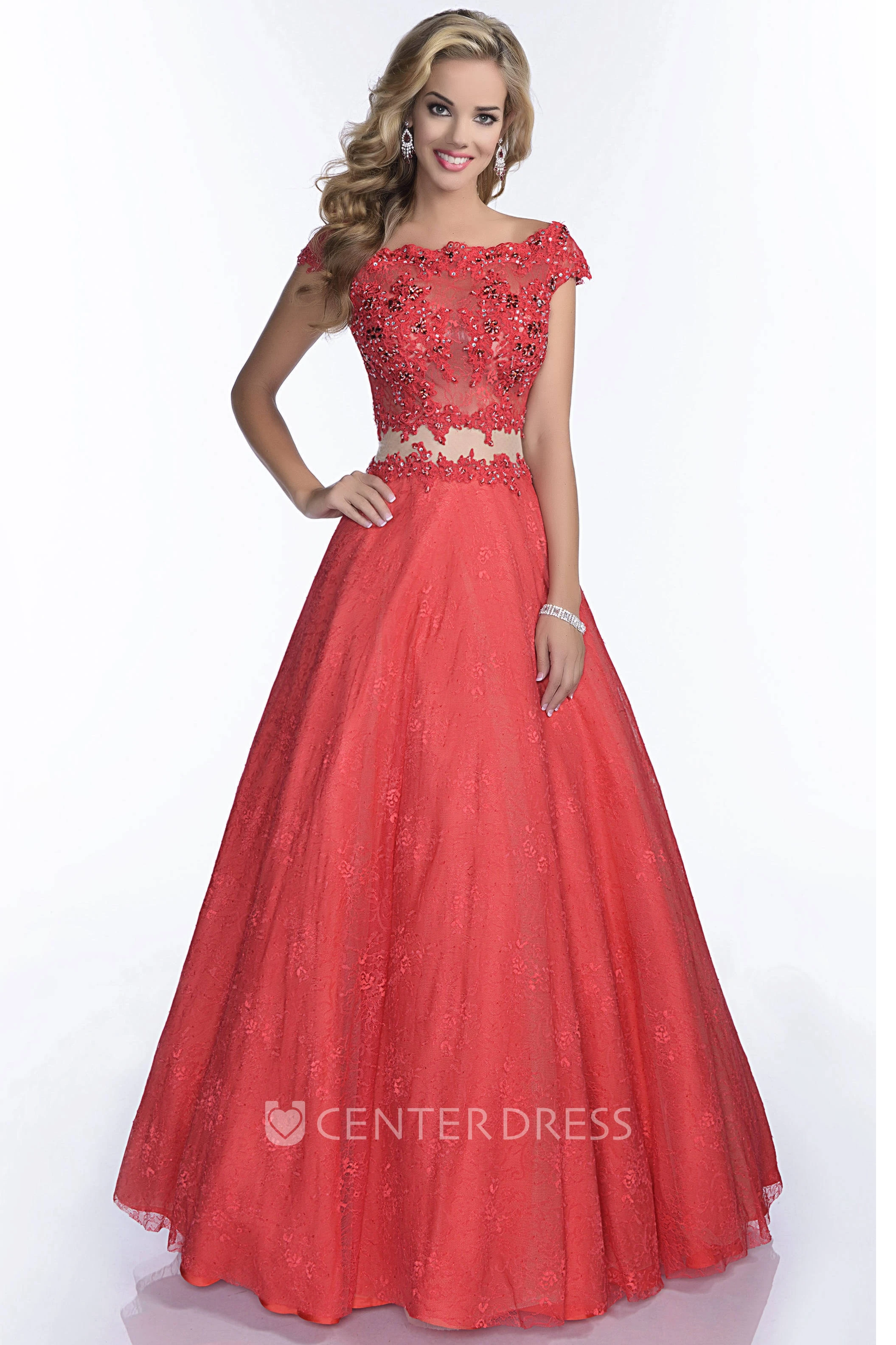 Lace A-Line Scalloped-Edge Cap Sleeve Prom Dress With Keyhole Back