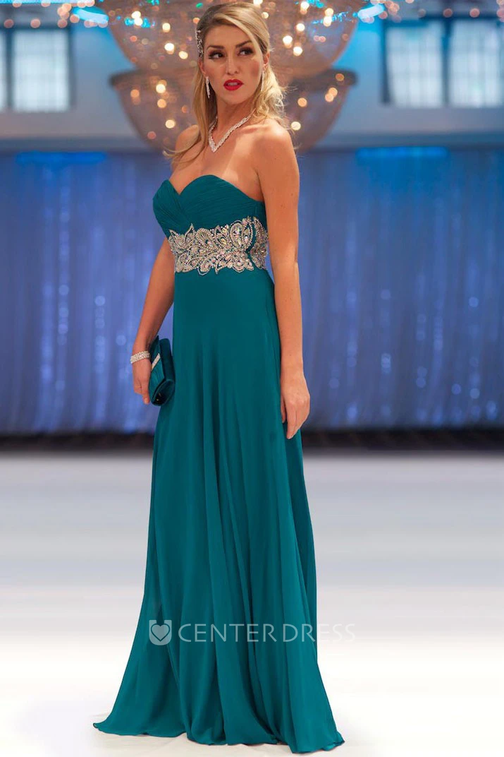 Sheath Long Sweetheart Criss-Cross Sleeveless Chiffon Prom Dress With Waist Jewellery And Pleats