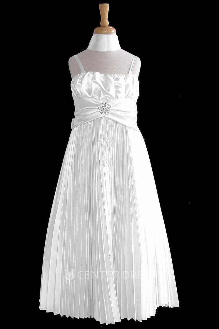 Floor-Length Pleated Cape Satin Flower Girl Dress With Broach